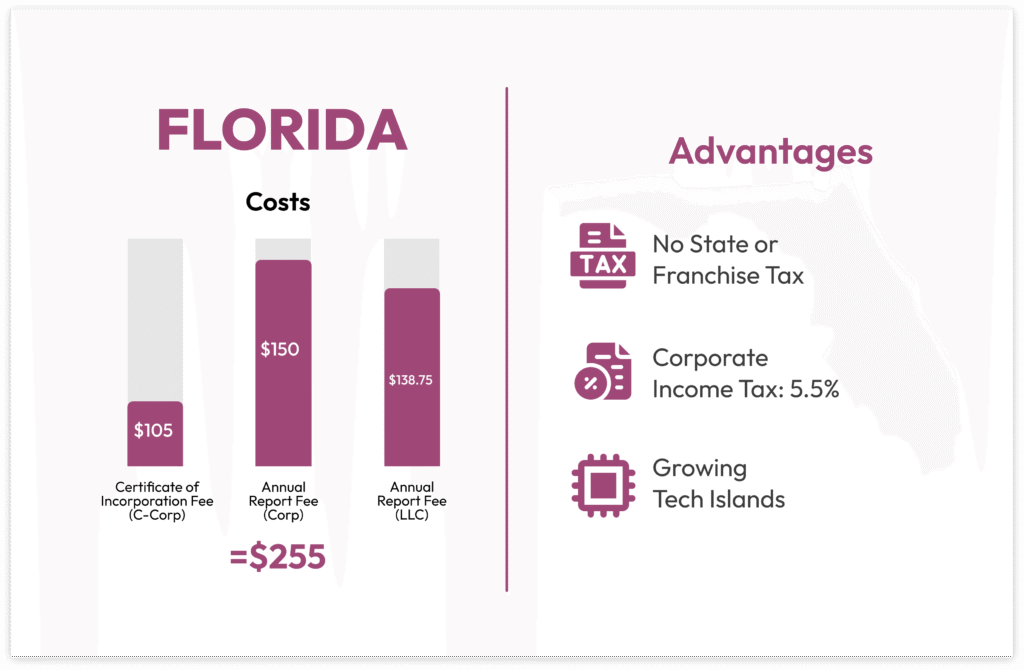 Florida: An infographic presenting Florida as a top choice for simple online management and zero personal income tax.